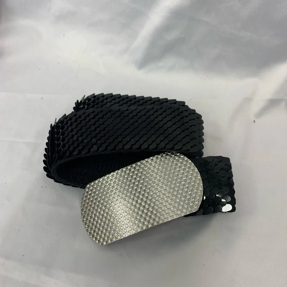 Silver Buckle Black Sequin Stretch‎ Elastic Belt 26” Like New